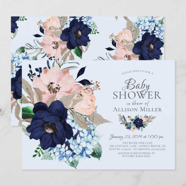 Beautiful Navy & Blush Floral Baby Shower Invitation (Front/Back)