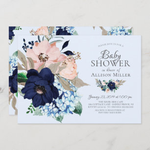 Beautiful Navy & Blush Floral Baby Shower Invitation