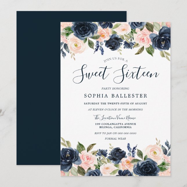 Beautiful Navy & Blush Floral Sweet 16 Party Invitation (Front/Back)