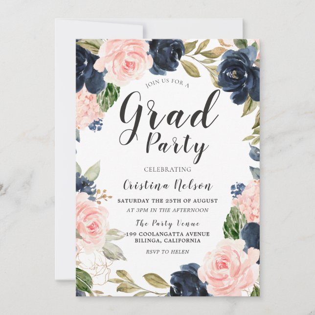 Beautiful Navy Blush Girls Grad Party Graduation Invitation (Front)