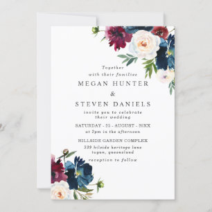 Beautiful Navy Burgundy Red Blush Floral Wedding Invitation