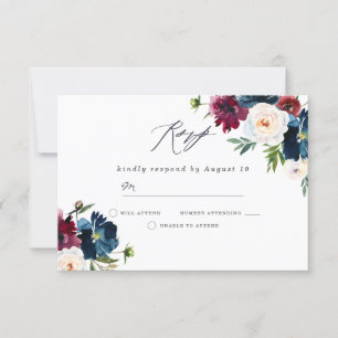 Beautiful Navy Burgundy Red Blush Floral Wedding RSVP Card