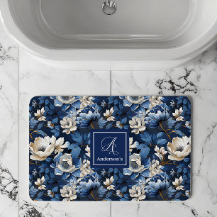 Beautiful Navy Flowers Personalised Floral Bath  Mat