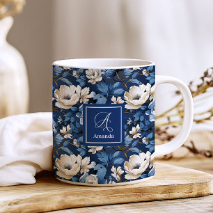 Beautiful Navy Flowers Personalised Floral Coffee  Mug