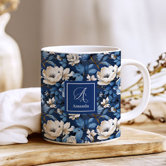Beautiful Navy Flowers Personalised Floral Coffee Mug