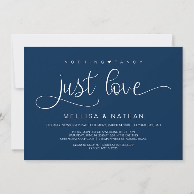 Beautiful Navy Nothing Fancy Just Love, Elopement Invitation (Front)
