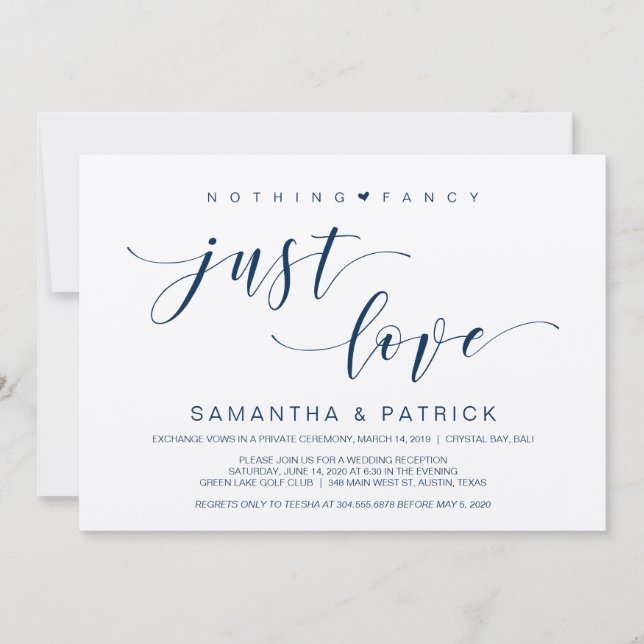 Beautiful Navy Nothing Fancy Just Love, Elopement Invitation (Front)