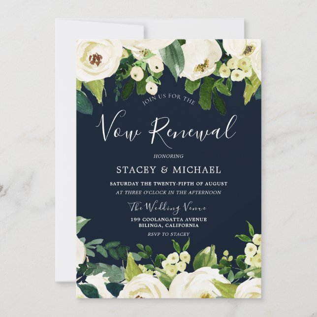 Beautiful Navy White Flowers Spring Vow Renewal Invitation (Front)