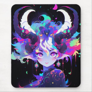 Beautiful Neon Anime Demon Elf Girl with Horns Mouse Mat