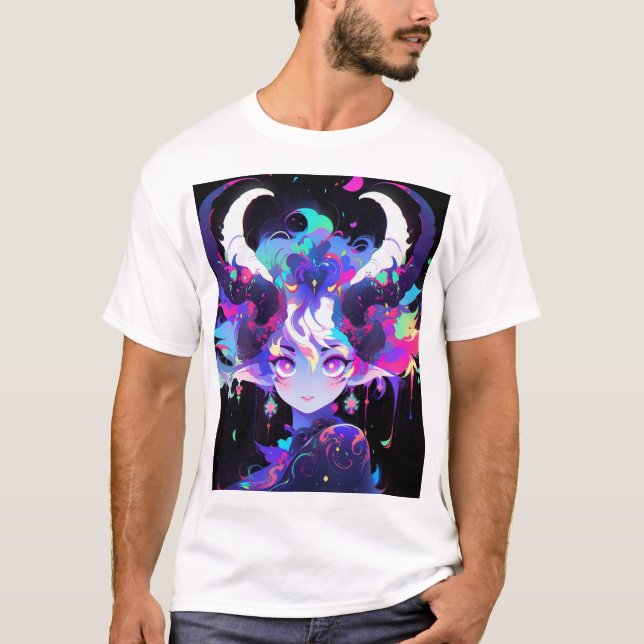 Beautiful Neon Anime Demon Elf Girl with Horns T-Shirt (Front)