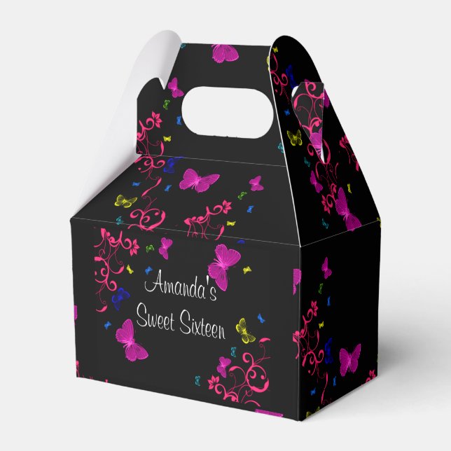 Beautiful Neon Butterflies, Sweet Sixteen, Custom Favour Box (Front Side)