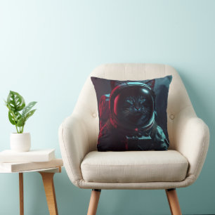 Beautiful neon core cat in space suit with moon cushion