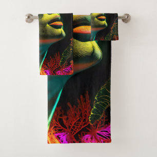 Beautiful Neon Woman Art , Vibrant Colours Bath Towel Set