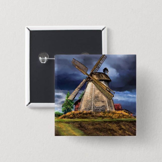 Beautiful Netherlands Windmill Landscape - Drawing 15 Cm Square Badge (Front & Back)