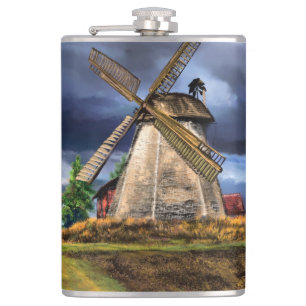 Beautiful Netherlands Windmill Landscape - Drawing Hip Flask