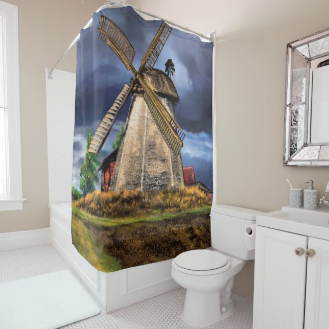 Beautiful Netherlands Windmill Landscape  Drawing Shower Curtain (In Situ)