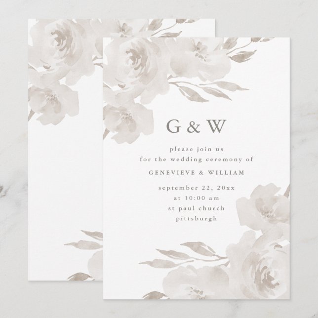 Beautiful Neutral Floral with Monograms Wedding Invitation (Front/Back)