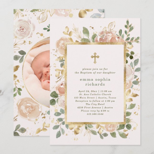 Beautiful Neutral Florals | Photo Back Baptism Invitation (Front/Back)
