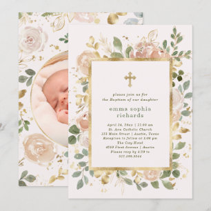 Beautiful Neutral Florals   Photo Back Baptism Invitation