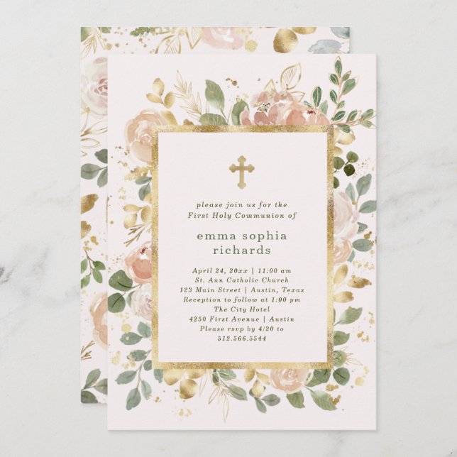 Beautiful Neutral Florals | Photo First Communion Invitation (Front/Back)