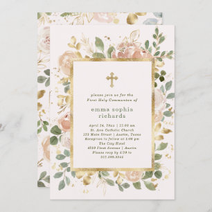 Beautiful Neutral Florals   Photo First Communion Invitation