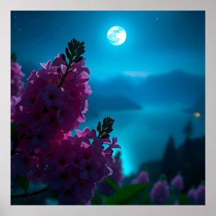 Beautiful Night Landscape with Flowers and Moon Poster