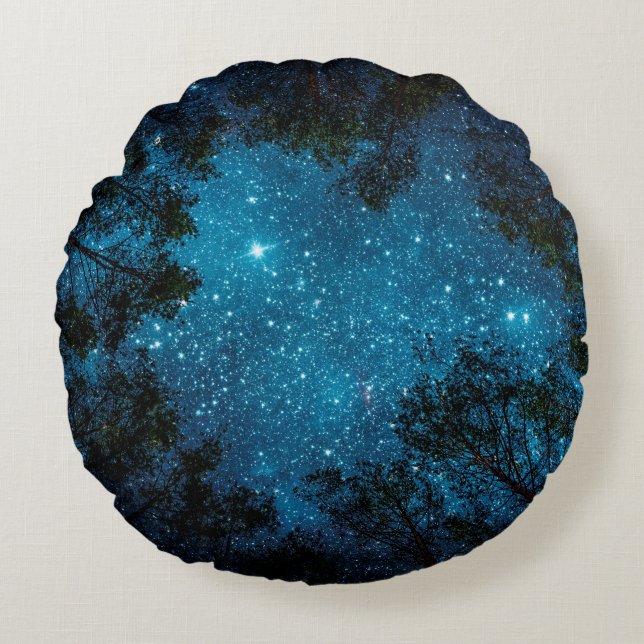 Beautiful night sky, the Milky Way and the trees.  Round Cushion (Front)