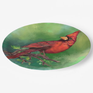 Beautiful Northern Red Cardinal Bird Painting Art Paper Plate