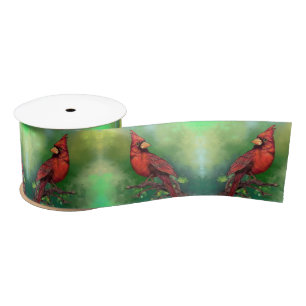 Beautiful Northern Red Cardinal Bird Painting Art  Satin Ribbon