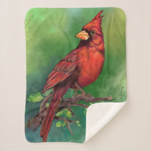 Beautiful Northern Red Cardinal Bird Painting Art Sherpa Blanket