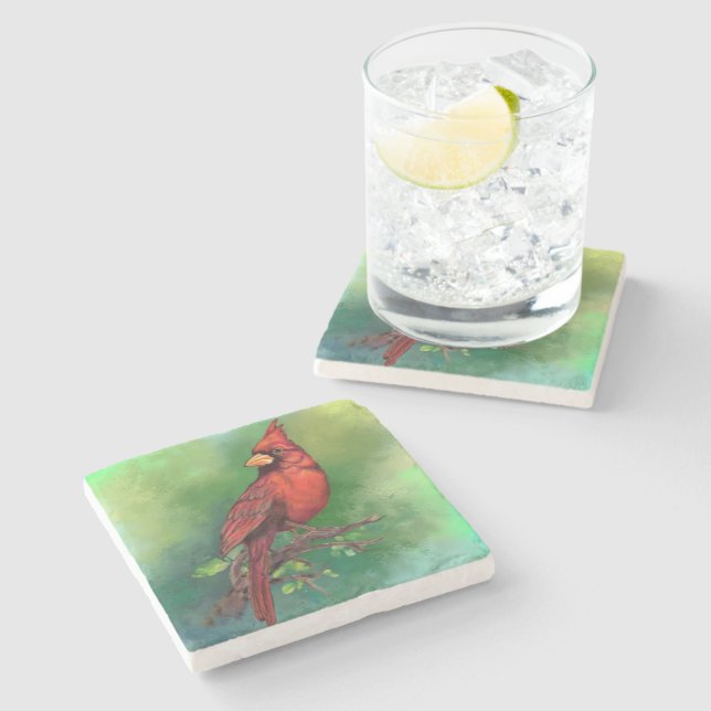 Beautiful Northern Red Cardinal Bird Painting Art  Stone Coaster (Side)