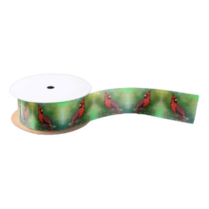 Beautiful Northern Red Cardinal Bird Painting Satin Ribbon