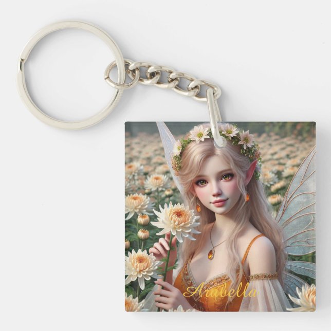 Beautiful November Fairy in Chrysanthemums Key Ring (Front)
