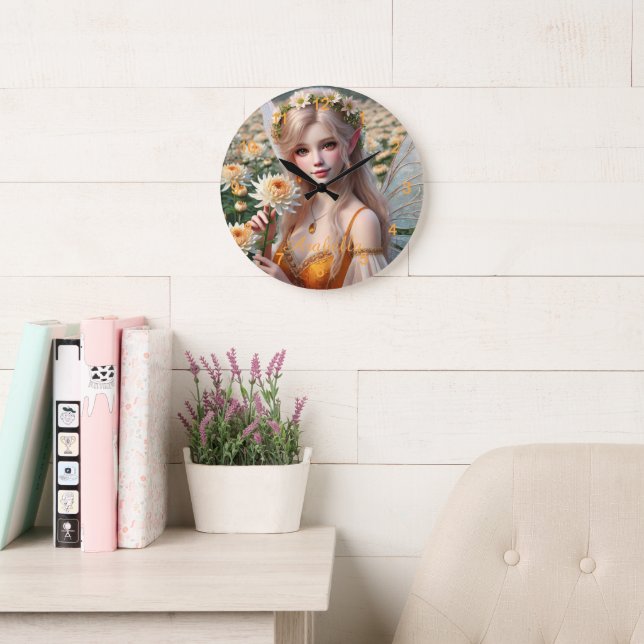 Beautiful November Fairy in Chrysanthemums Large Clock (Reading Room)