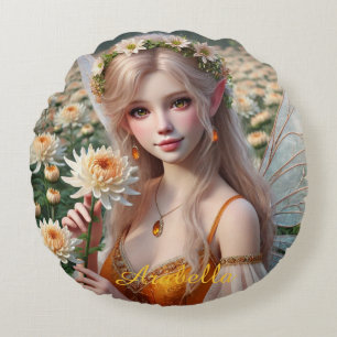 Beautiful November Fairy in Chrysanthemums Round Cushion
