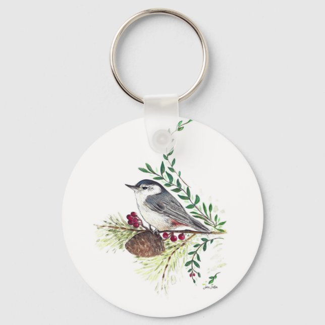 Beautiful Nuthatch Bird Art Key Ring (Front)
