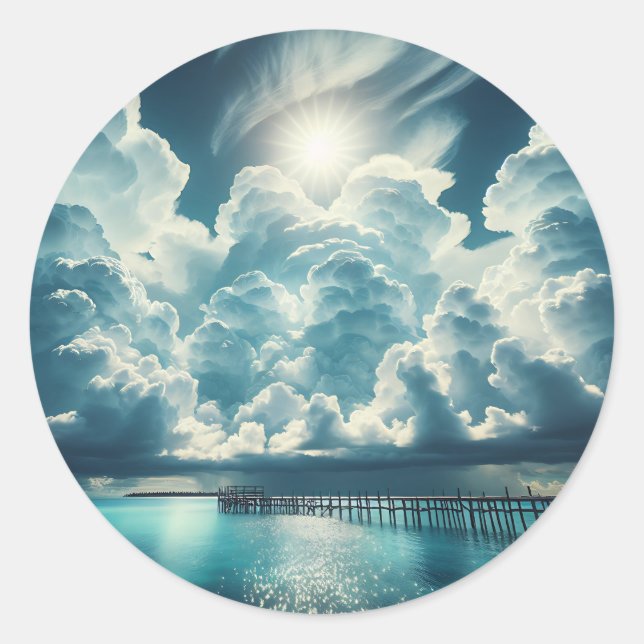 Beautiful Ocean, Dock and Fluffy Clouds Classic Round Sticker (Front)