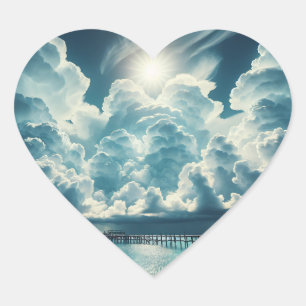 Beautiful Ocean, Dock and Fluffy Clouds Heart Sticker