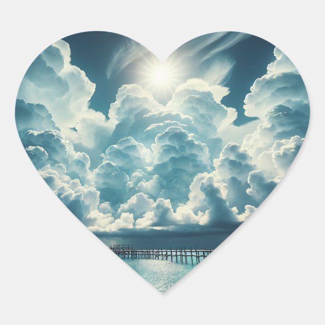 Beautiful Ocean, Dock and Fluffy Clouds Heart Sticker (Front)