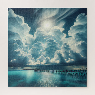 Beautiful Ocean, Dock and Fluffy Clouds Jigsaw Puzzle