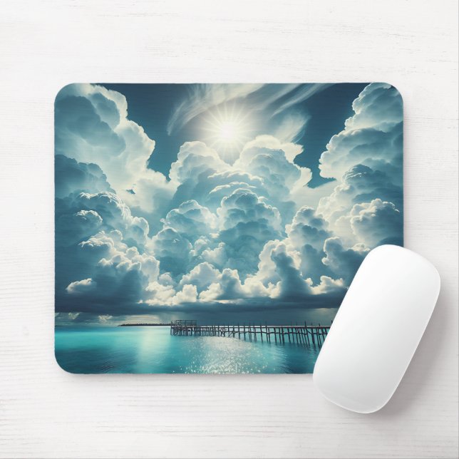 Beautiful Ocean, Dock and Fluffy Clouds Mouse Mat (With Mouse)