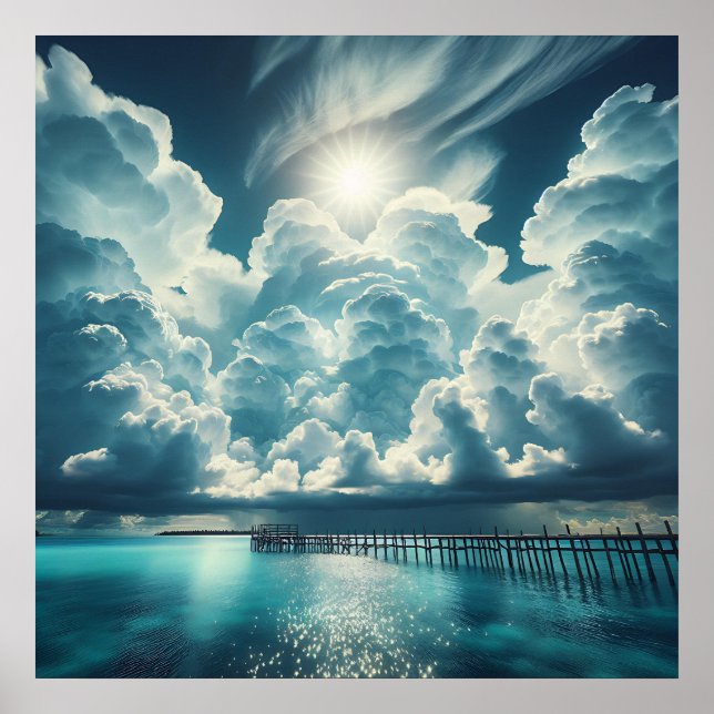 Beautiful Ocean, Dock and Fluffy Clouds Poster (Front)