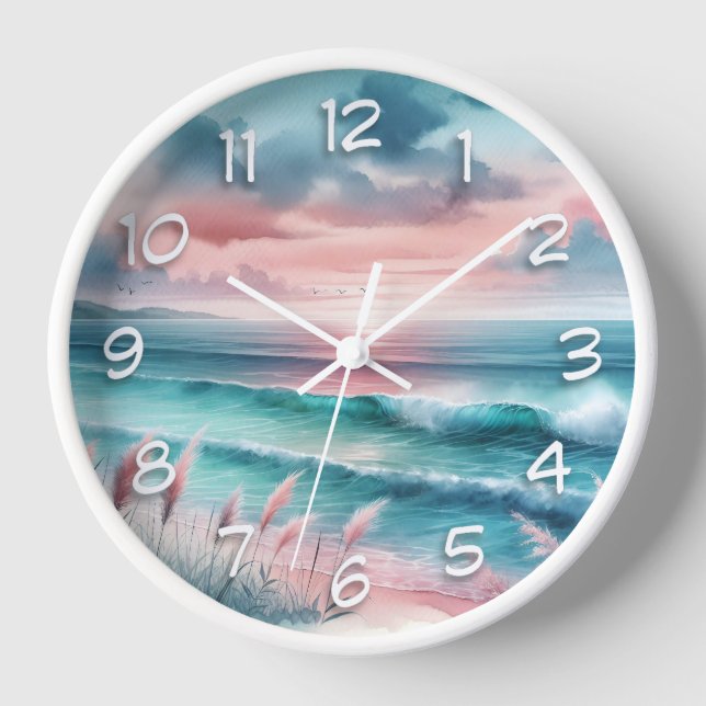 Beautiful Ocean Scene in Pink and Blue Clock (Front)