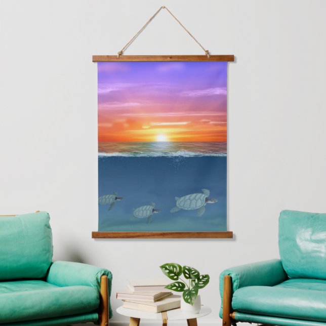 Beautiful Ocean Sunrise and Swimming Sea Turtles Hanging Tapestry (Living Room)