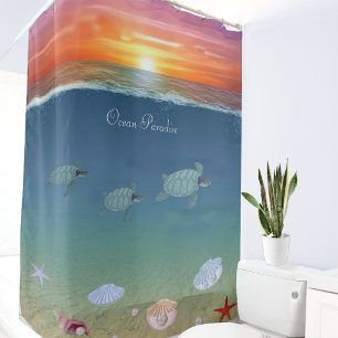 Beautiful Ocean Sunrise, Sea Turtles and Pearls Shower Curtain