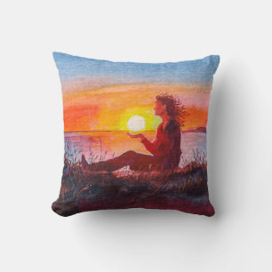 Beautiful ocean sunset. Portrait of young woman as Cushion