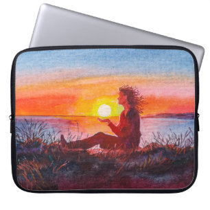Beautiful ocean sunset. Portrait of young woman as Laptop Sleeve