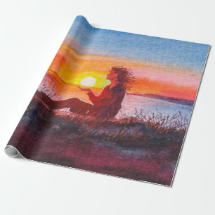 Beautiful ocean sunset. Portrait of young woman as Wrapping Paper