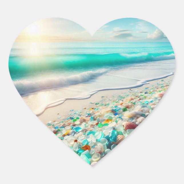Beautiful Ocean Waves and Sea Glass Heart Sticker (Front)