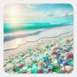 Beautiful Ocean Waves and Sea Glass Square Sticker